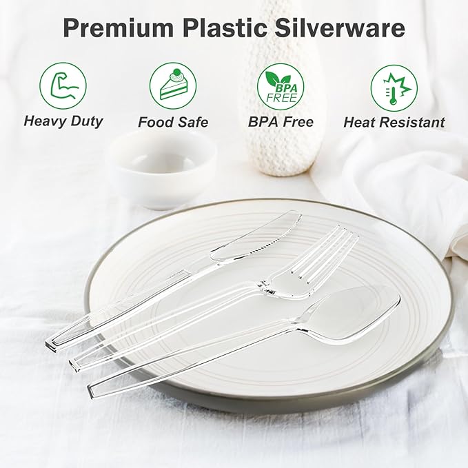 Dealusy 300 Count Extra Heavy Duty Clear Plastic Silverware, 100 Forks, 100 Spoons, 100 Knives, BPA-Free, Heat Resistant, Disposable Plastic Utensils Set, Plastic Cutlery Set, Plasticware Bulk