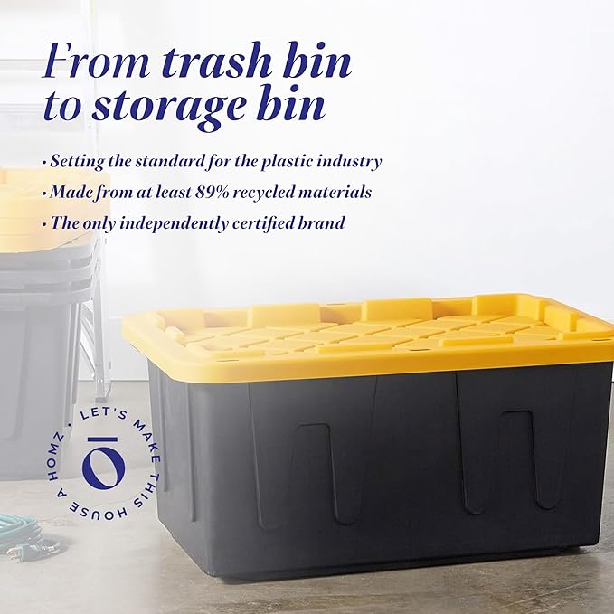 HOMZ 4-Pack Durabilt Tote, Heavy Duty Plastic Storage Bins with Lids, 15 Gallon, Black/Yellow - Stackable Organizing Containers for Home, Garage, and Office