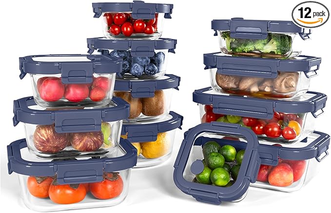 BOROHOUSE 12-Pack Glass Containers with Tempered Lids – Borosilicate, Oven-Safe(-4°F~950°F), Airtight, BPA-Free, Multi-Size for Meal Prep, Dishwasher Safe (Blue)