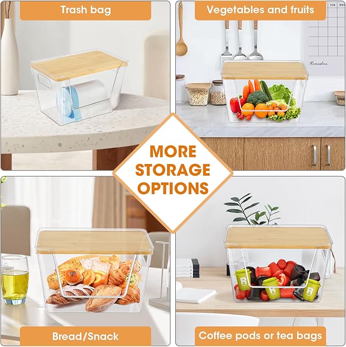 4 Set Pantry Organizers and Potato Onion Storage Bins, Stackable Kitchen Counter Cabinet Basket for Produce, Fruit, Vegetable, Snack Storage, Laundry Organizer Trash Bag Holder with Bamboo Lid