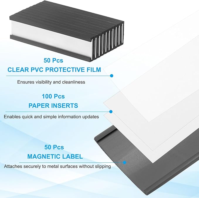 PATIKIL Magnetic Label Holder 2" x 0.5" with Paper Inserts, 50 Pcs C Channel Magnetic File Cabinet Labels Shelf Data Card Holder Signs for Metal Racks Shelves Whiteboard Tool Box