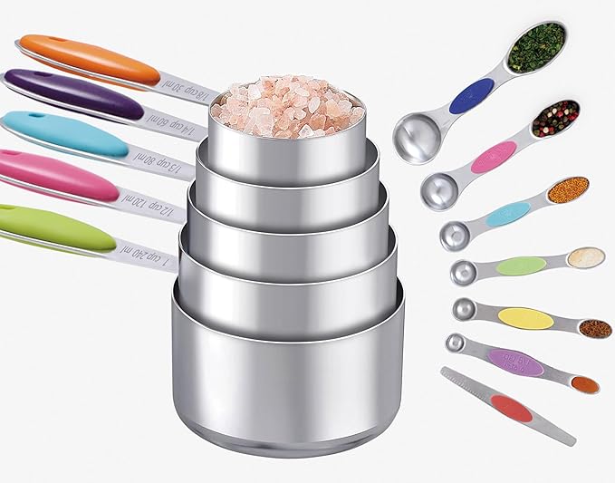 MiorBiit 12 PCS Measuring Cups and Spoons Set Stainless Steel, 5 Measuring Cups with Colorful Silicone Handle and 6 Double-Sided Magnetic Measuring Spoons & 1 Leveler for Cooking and Baking (5+6+1)