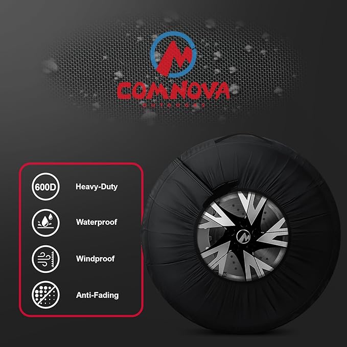 Comnova Seasonal Tire Totes 4 Pack - 600D Spare Tire Cover with Handle, Waterproof Heavy Duty Fade-Resistant Tire Storage Bag, Fits Tire Diameters 22" - 31", Black