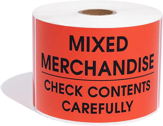 Aegis Adhesives - 3" X 5" Mixed Merchandise - Check Contents Carefully Labels - Red Shipping Stickers with Permanent Adhesive (1 Roll, 500/Roll)
