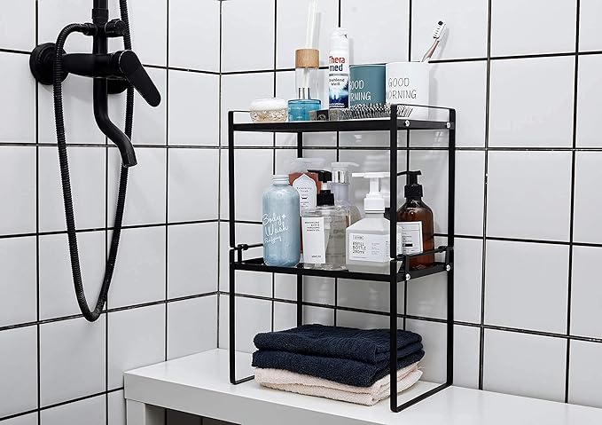 Shantton 2pk Kitchen Cabinet Shelf Counter Organizer Rack Pantry Storage Bathroom Bedroom Office Table Desk Space Saving Steel Frame Stackable Rust Resistant Non Slip Black-Tall-L13in W8.3in H9.5in