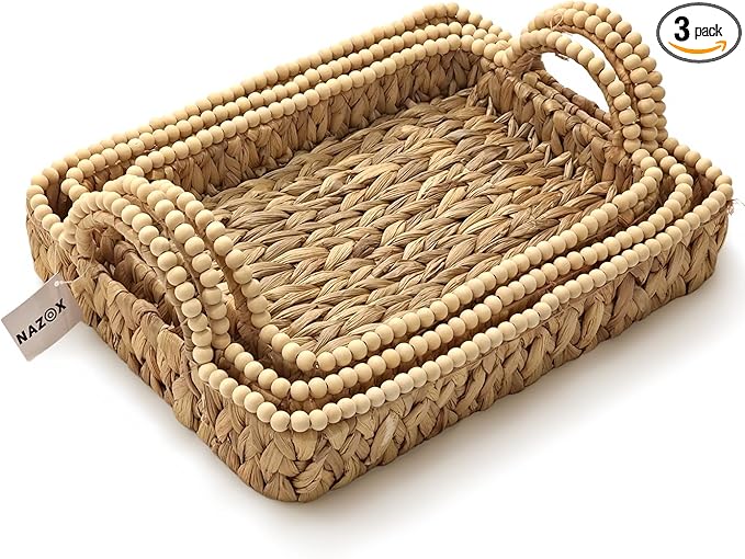 NAZOX Handwoven Water Hyacinth Storage Baskets for Toilet, Living Room, Nursery Organization - Natural Rectangular Set of 3 Versatile Nesting Baskets with Scalloped Edge Design & Handles