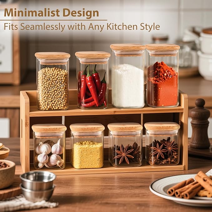 20 Pack 10 oz Square Glass Spice Jars with Lids and Labels – Airtight Small Spice Containers Set, Clear Glass Storage Jars for Seasoning, Spices, Kitchen Pantry Organization