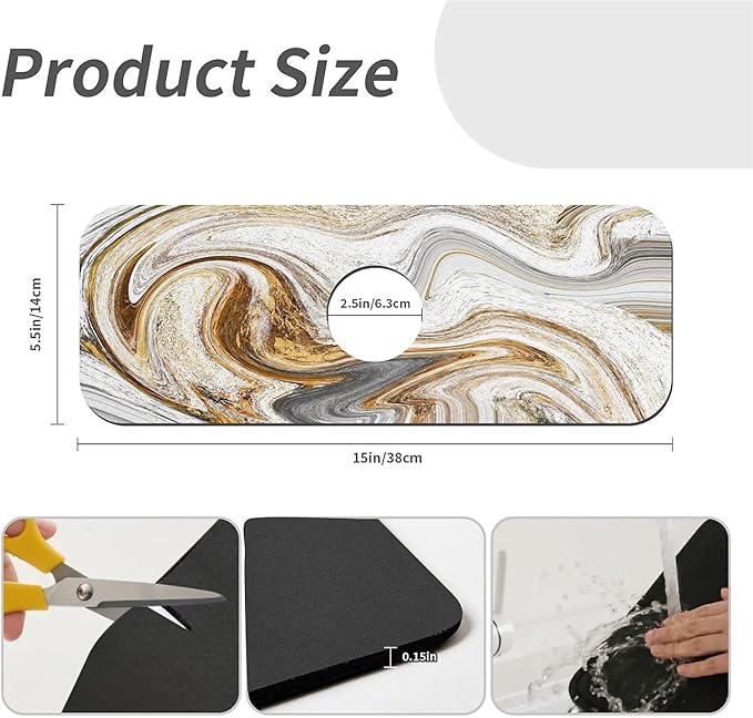 Kitchen Sink Splash Guard，White grey gold marble Faucet Mat Sink Gadgets-Super Absorbent Fast Drying Mat Drip Catcher for Kitchen, Bathroom,Sink Mat, Dish Drying Mat, Bathroom(15" X 5.5" )