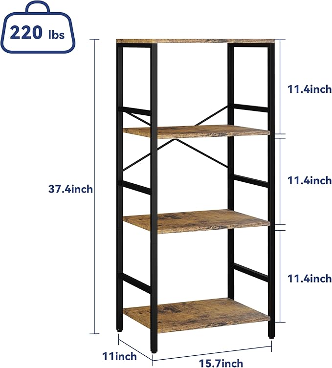 Whitmor 4 Tier Bookshelf - Small Book Shelf Industrial Bookcase, Metal Book Case Book Storage Organizer for CD/Movie/Book, Bookshelves for Bedroom Office Living Room Berry Brown