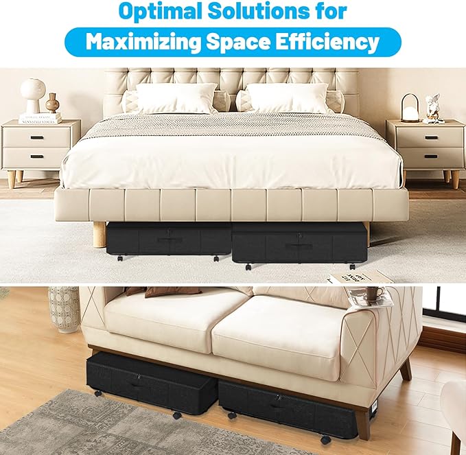 Large Sturdy Under Bed Storage with Wheels, 2 Pack 50L Rolling Underbed Storage Bins, Under Bed Containers Drawer with Metal Bottom Support, Bedroom Organizer with Lids for Clothes, Shoes, Blankets
