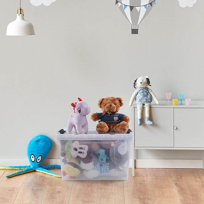 Obstnny 34 Quart Lidded Storage Bins 4 Packs, Plastic Latching Box with Wheels, Clear