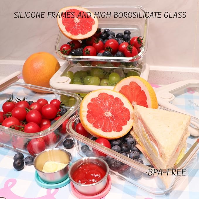Glass Food Storage Containers with Silicone Glass Lids, Stainless Steel Salad Dressing Containers, Microwave-safe LeakProof Food Containers Set, 4-pack 35 oz（White）