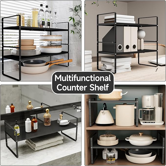 jkxoo 16.5-27’’L Expandable Cabinet Shelf Organizers, Stackable Metal Shelves Extender for Kitchen Countertop Storage, Adjustable Spices Shelves Rack Stand for Cupboard Pantry, Black