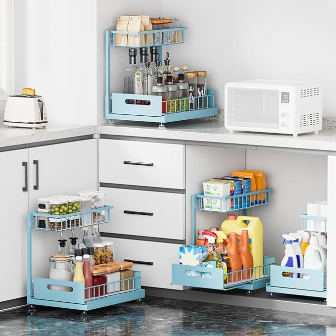 Under Sink Organizer Storage 2-Tier Premium Metal Pull-Out Kitchen Cabinet Organizer with Sliding Drawer, Height Adjustable, Heavy Duty for Kitchen & Bathroom Organizers 2 Pack Teal