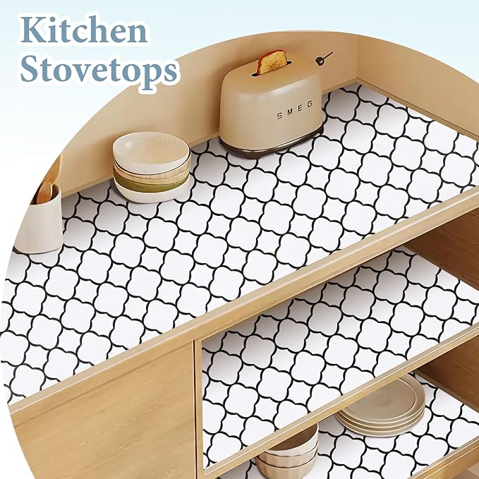 Shelf Drawer Liners for Kitchen Cabinets 17.3 x 236 Inches Non Adhesive Drawer Liner Thickened Refrigerator Liner Black Quatrefoil Strong Non-Slip Paper for Tool Box with Knife and Tape Measure