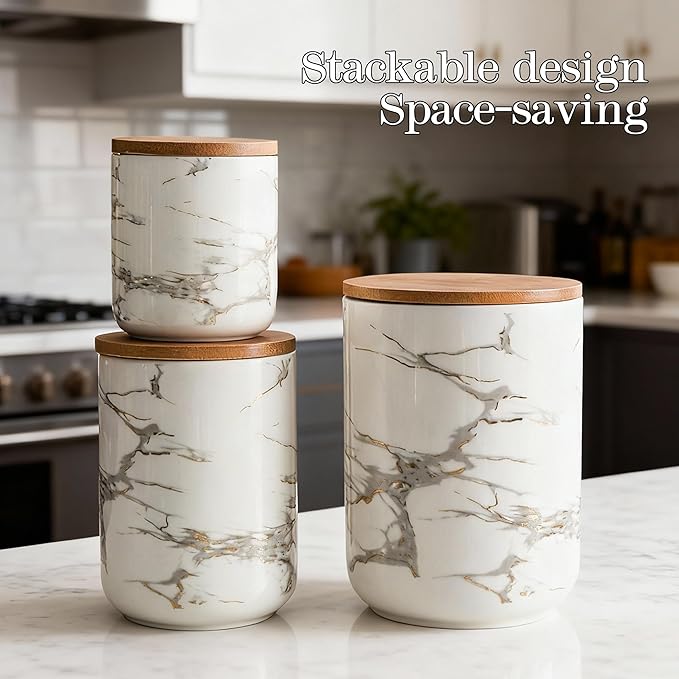JOJUNO White Ceramic Canister Set with Bamboo Lid – 3-Piece Airtight Food Storage Jars for Kitchen Counter – Glossy Marble Design, Ideal for Flour, Sugar, Coffee, Tea, Spice – Small, Medium, Large