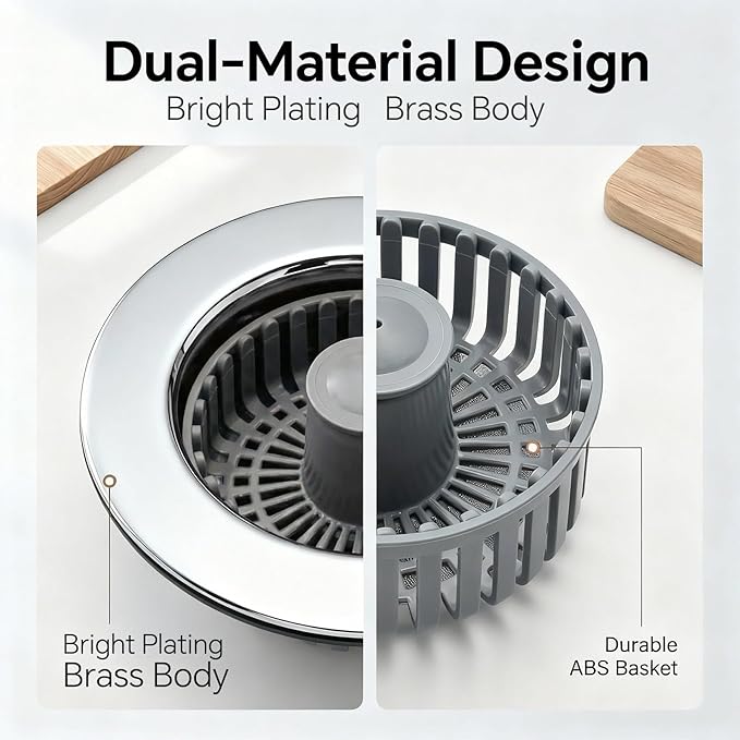 Kitchen Sink Stopper, 3 in 1 Pop Up Kitchen Sink Drain Strainer, with an Extra Basket Strainer, Sink Drain Stopper for US Standard 3-1/2 Inch, Brass Material Electroplate (Silver)