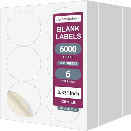 NextDayLabels 3.33 Inch Round Circle Stickers White Blank Labels for Laser Inkjet Printer - 6 Per Sheet Self-Adhesive Product Packaging Logo Made in USA - 6000 Labels