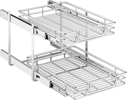 QUYUWU 2-Tier Kitchen Cabinet Pull Out Shelf and Drawer Organizer Slide Out Pantry Storaqe Basket in Multiple Sizes (16" W x 21" D)