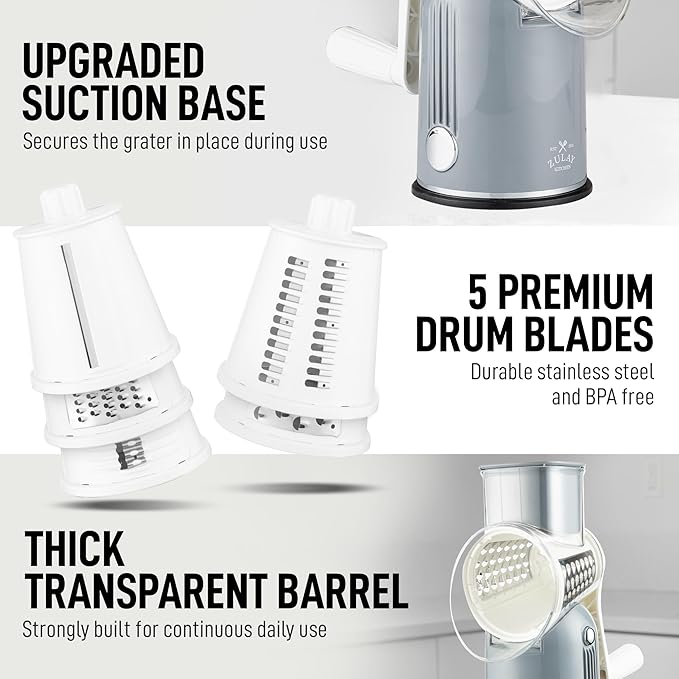 Zulay Kitchen Rotary Cheese Grater 5 Blade Cheese Shredder - Manual Hand Crank Cheese Grater With Reinforced Suction & 5 Interchangeable Drums - Easy to Use, Vegetable Chopper Round Mandoline Slicer