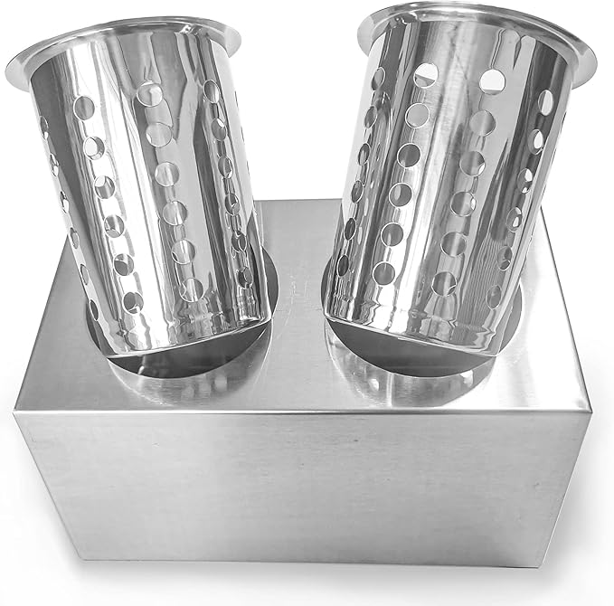 overstockedkitchen Flatware Organizers Stainless Steel Cylinder Flatware Silverware Utensil Holder Organizer Caddy (2 holes)