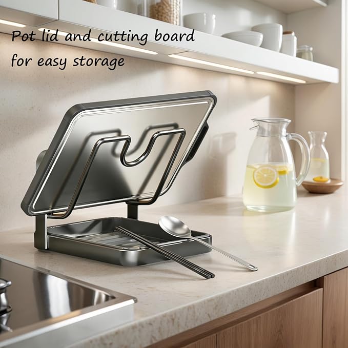 Kitchen Pot Lid Storage Rack, Stainless Steel Pot Lid Holder While Cooking for Countertop, Multifunctional Pots Lids Organizer Rack with Removable Drip Tray for Spatulas, Ladles & Large Lids (White1)