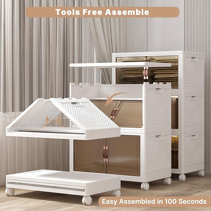 Extra Large Stackable Storage Bins with Lids & Wheels, 1344QT-168QT/42GAL*4Pack Foldable Collapsible Closet Organizers Storage Cabinet with Doors for Bedroom Dorm