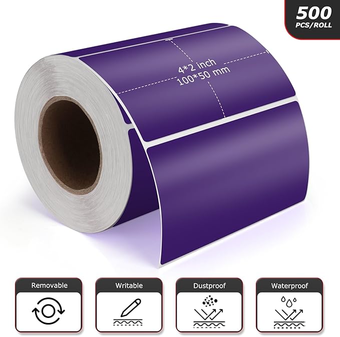 Purple Rectangle Stickers 4 x 2 Inch Color Coding Labels Vinyl Roll Self-Adhesive Waterproof Removable 500 PCS