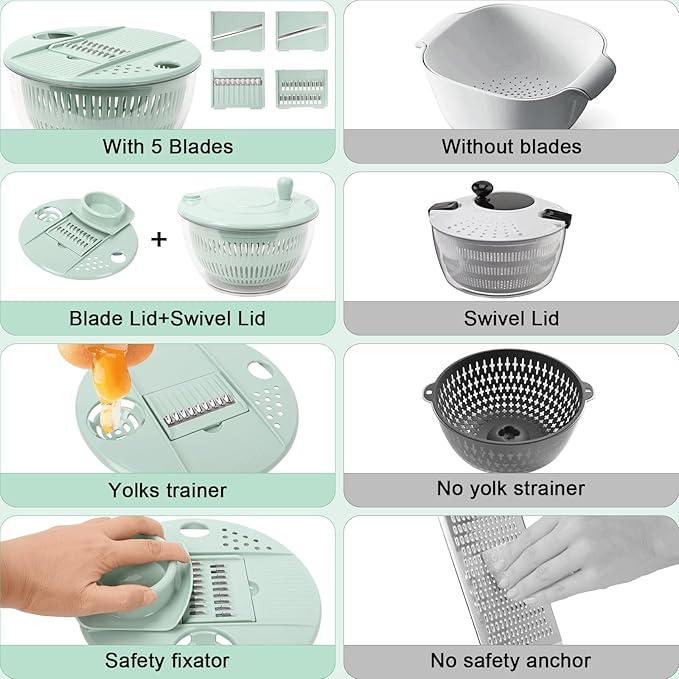 Multi-Use Large Salad Spinner, 5.3 Qt Vegetables Fruits Wash Spinner Bowl,Lettuce Dryer with 5 Blades,Egg Yolk Strainer Slicer Shredder, Salad Bowl for Efficient Preparation-Green