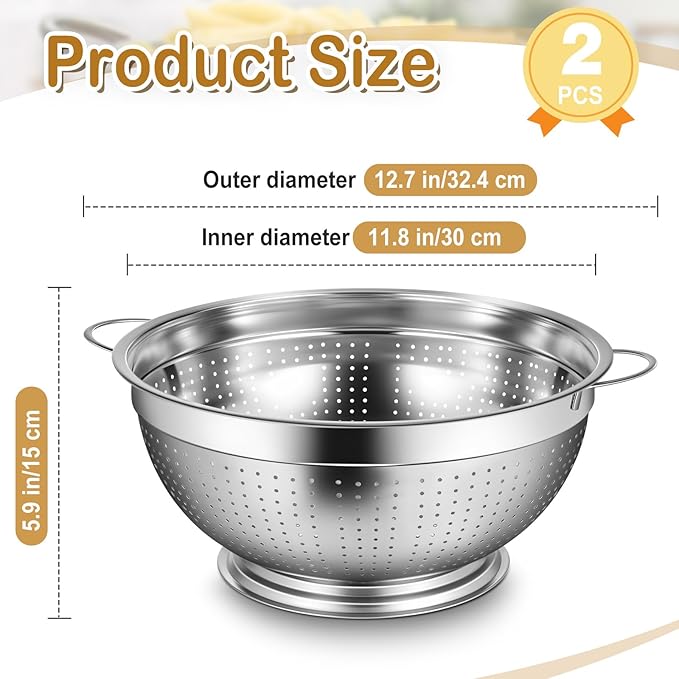 Maxdot 2 Pack 8 Quart Heavy Duty Stainless Steel Colander with Footed Base and Handles Pasta Spaghetti Berry Fruit Vegetable Kitchen Food Strainer Basket