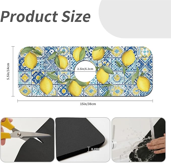Kitchen Sink Splash Guard，Blue tiles and lemons Faucet Mat Sink Gadgets-Super Absorbent Fast Drying Mat Drip Catcher for Kitchen, Bathroom,Sink Mat, Dish Drying Mat, Bathroom(15" X 5.5" )