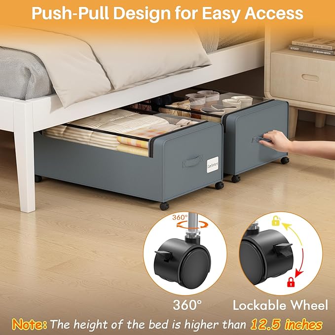 Webetop 12 inch Under the Bed Storage Bins with Clear Lid, Under Bed Storage Containers with Wheels for Underneath Small Spaces Dorms, Blankets (2 Pack, Grey, 30.7"x17.3"x12")