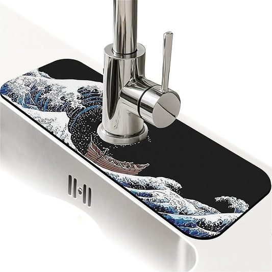 Kitchen Sink Splash Guard，white blue wave Faucet Mat Sink Gadgets-Super Absorbent Fast Drying Mat Drip Catcher for Kitchen, Bathroom,Sink Mat, Dish Drying Mat, Bathroom(15" X 5.5" )