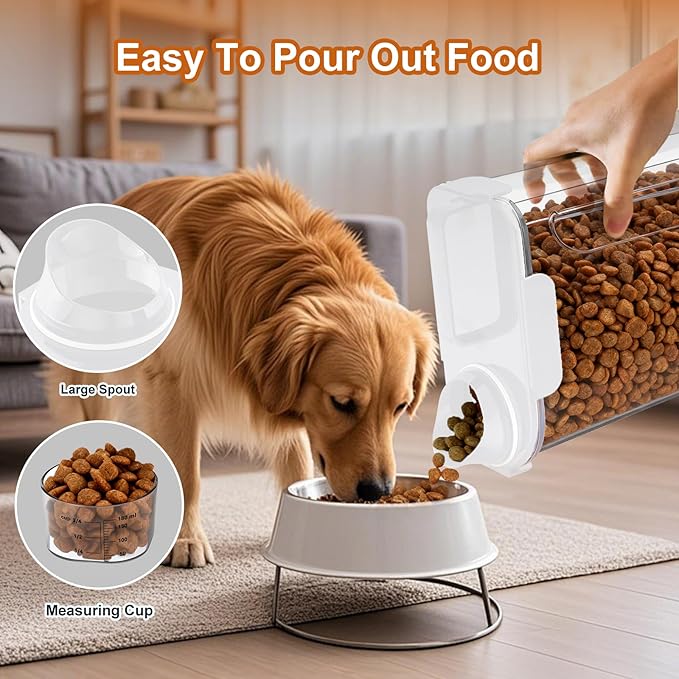 Dog Cat Food Storage Container, 5-7Lbs Pet Food Containers, Airtight Cat Food Container with Portable Handle & Measuring Cup, Small Animal Dry Food Dispenser for Dogs, Cats and Birds White