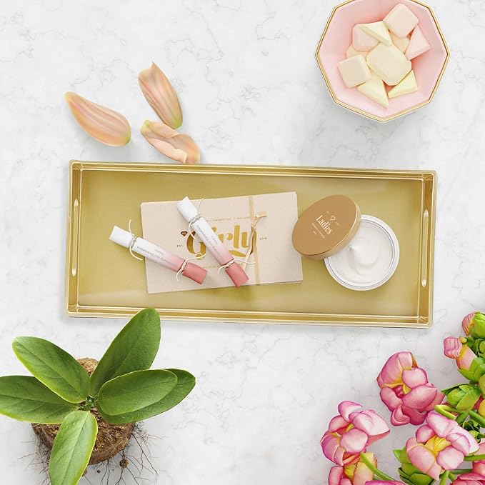 Leemxiiny Plastic Gold Vanity Tray with Handles, Small Decorative Tray Desktop Storage Organizer for Bathroom, Living Room, 13.7"*5.9"*1.37"