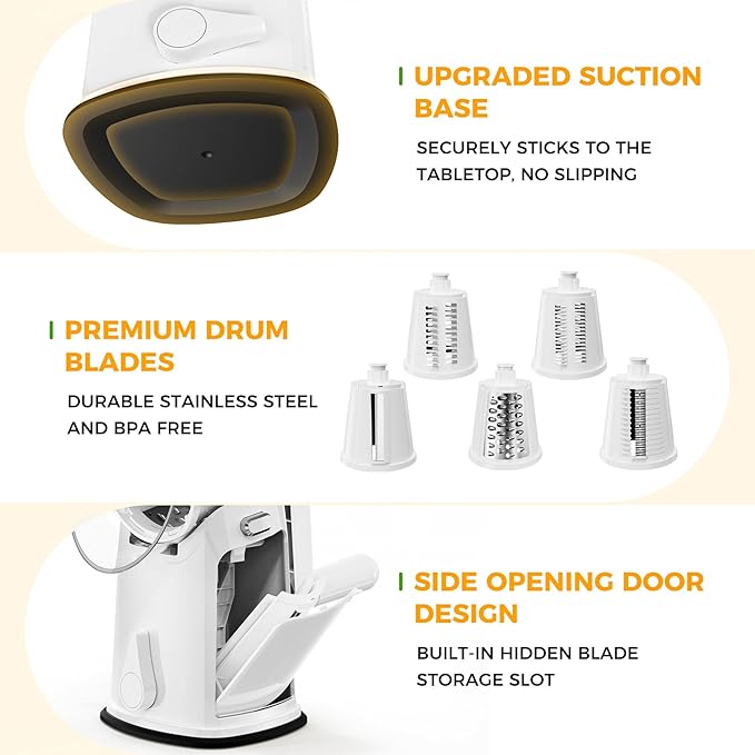 YSEPOZ 7 IN 1 Upgraded Rotary Cheese Grater with Handle – Vegetable Shredder with Built-in Storage Blade Slot, 5 Versatile Blades, Strong Suction Base Round Mandoline Slicer, Food Chopper for Kitchen
