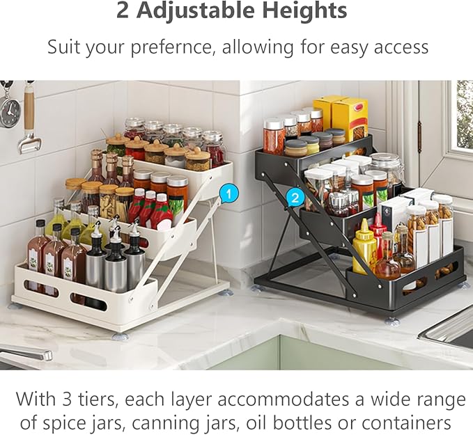 Ceetug 3 Tier Foldable Spice Rack for Countertop Iron Kitchen Seasoning Organizer for Cabinet, White