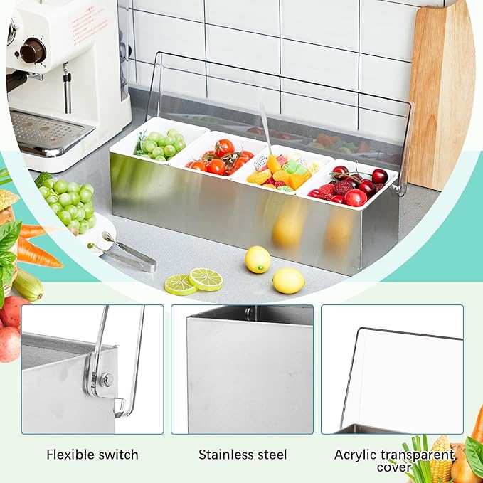 Mifoci 1 Pack Stainless Steel Chilled Condiment Server 4 Removable Slot Toppings Containers with Lid and Bottom Ice Bar Garnish Tray with 9 Silverwares 4 Ice Boxes for Christmas Party, Events and Bar