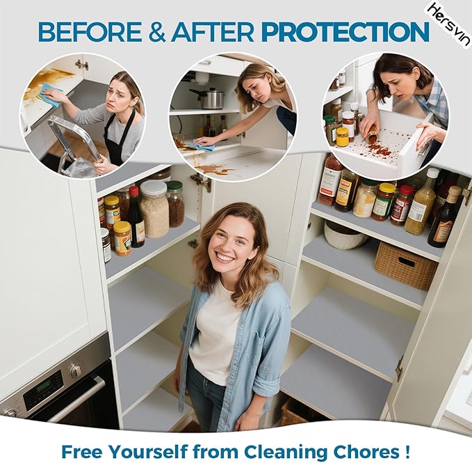 Hersvin Shelf Liners, 20in x 20ft Kitchen Drawer Mats, Non-Adhesive EVA Cupboard Protector, Cabinet Lining (Light Gray/Dot)