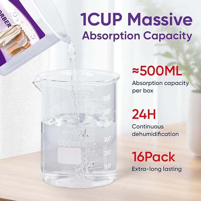 16 Pack Moisture Absorbers, 10.5 OZ Humidity Absorber Bucket, Moisture Absorbers for Closet, Dehumidifier Bucket for Wardrobes (Lavender Scent), Kitchens and Bathrooms