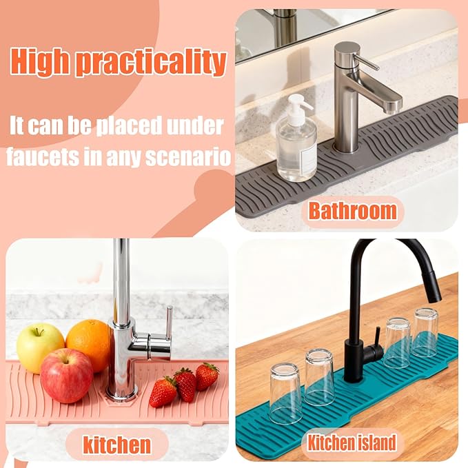 Kitchen Sink Faucet Mat, 30" x 6'' Silicone Faucet Guard & Draining Mat, 90° Foldable Faucet Mat for Kitchen Sink with 2 Water Ports, Splash Guard Kitchen Sink Mat (Gray)