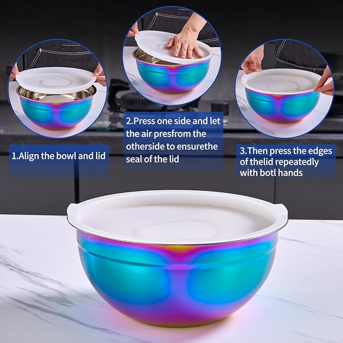 Moxinox Colorful Mixing Bowls with Airtight Lids, Stainless Steel Nesting Mixing Bowls Set of 7, Ideal for Baking, Prepping and Serving Food, Size 7, 3.6, 2.7, 2.1, 1.5, 1.1,0.8 QT, Stackable Design