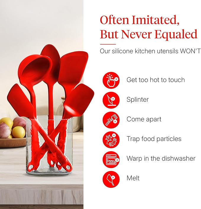GIR: Get It Right 5-Piece Silicone Essentials Kitchen Utensils Set - Ladle, Spatula, Flip, Spoon & Spoonula - Non-Toxic Cooking Utensils for Nonstick Cookware, Cooking and Baking - Fire Red