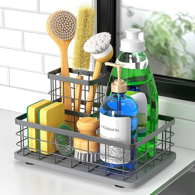 Large Family-Sized Sponge Holder for Kitchen Sink, Sink Caddy Organizer with Brush Holder - Drain-Free Non-Slip Base, Stainless Steel with Rust-Resistant Coating-10.24" L x 6.5" W x 5.83" H