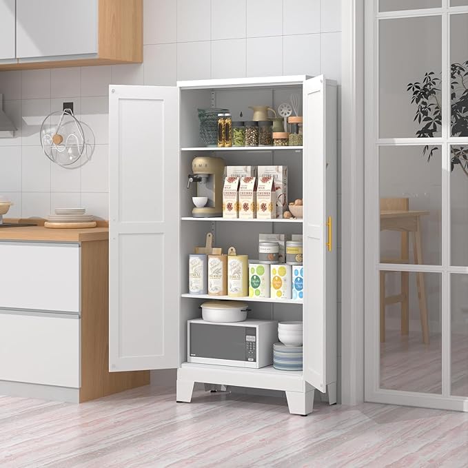 erosoei 61.02”H Pantry Storage Cabinet, Kitchen Storage Cabinets with Adjustable Feet and Shelves, Metal Pantry Cabinet for Kitchen, Living Room, Laundry Room and Dinning Room (2door-White)