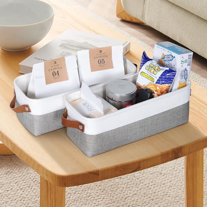Kntiwiwo Small Fabric Storage Bins, 15x6x5 inch Narrow Storage Baskets 4-Pack Long Storage Basket for Organizing with Handles, Decorative Basket for Closets, Shelves, Toilet Paper, Grey