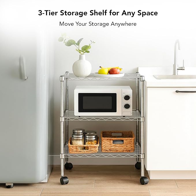 3 Tier Wire Shelving Unit Storage Rack, Metal Heavy Duty Utility Organizers, Organization Units for Metal Shelves, Pantry, Garage, Laundry Racks Durable Shelf Stand, 14"W x 24"L x 30"H, Chrome