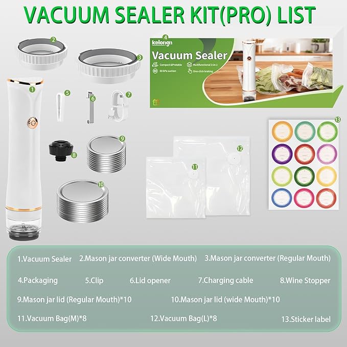 3-IN-1 Compact Vacuum Sealer for Food with Reusable Bags & Mason Jar Kit, Ultra-long 100-minutes Vacuuming Time, 6X Freshness Keep for Home Kitchen RV Travel Seal Meal