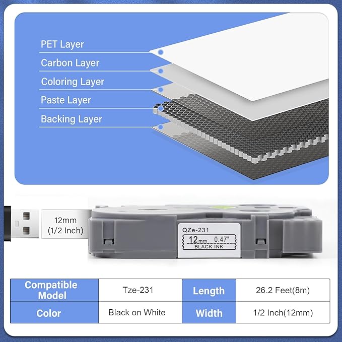 20pack 12mm 0.47'' TZe TZ Tape Laminated White Label Maker Tape Replacement for Brother P Touch Label Tape TZe-231 TZe231 Compatible with Brother PT-D210 PT-D220 PT-H110 PT-D410 PT-P710BT