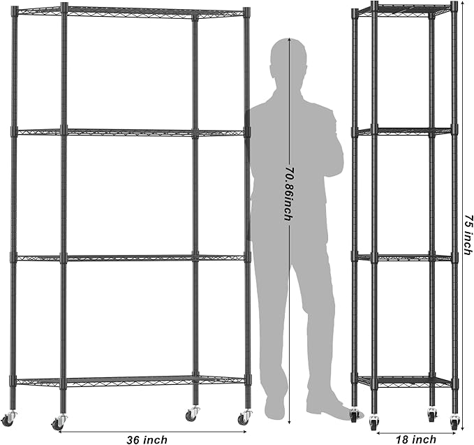 Homdox Heavy Duty 4-Tier Metal Shelving Unit with Adjustable Shelves, Rolling Storage Rack for Kitchen, Garage, Pantry, 36.02"x17.91"x74.41", Black
